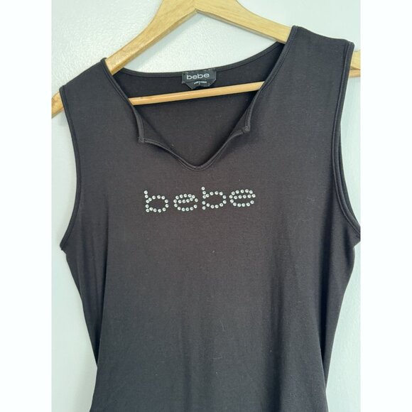 BEBE Y2K Crystal Logo Ruched Sleeveless Midi Dress Size Large Black Stretch 90s - Picture 3 of 11